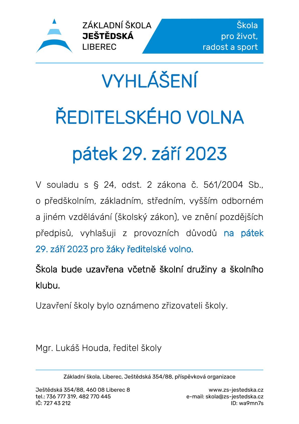 Vyhlášení ředitelského Volna | Aktuality, Projekty | Prezentace